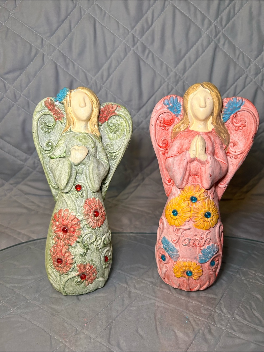 Vintage Floral Angel Figurine Pair - Pink & Green